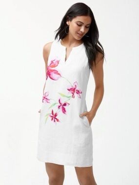 Tommy Bahama White Water color pink Linen shift dress sleeveless V neckline S /P